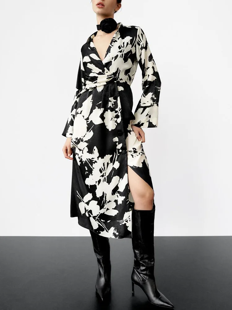 

ZA winter new retro flowers fashion women's POLO collar long-sleeved texture loose leisure holiday style printed dress