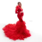 Платье невесты с высоким воротом и длинным рукавом, красные платья для беременных с юбкой-годе, красивые пышные фатиновые платья для беременных с оборками, изготовленные на заказ