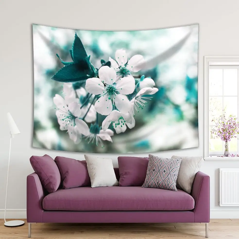 

Tapestry Cherry Flowers Tree Branch Spring Seasonal Nature Freshness Decorative Photo Printed White Blue