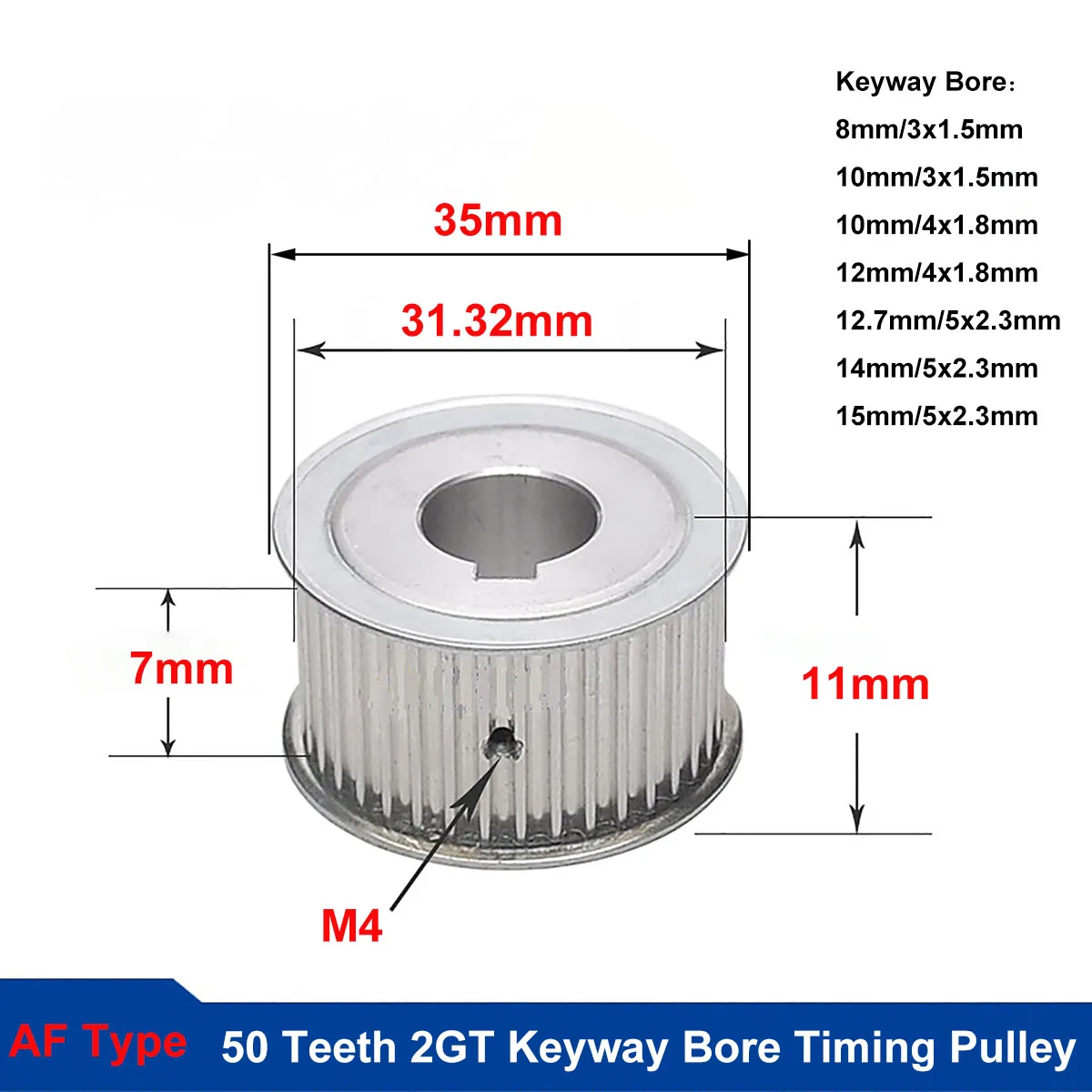 

1pcs 50 Teeth 2GT Aluminium Timing Pulley Bore 8 10 12 12.7 14 15mm AF Type Keyway Synchronus Wheel Pulley For Width 6mm Belt
