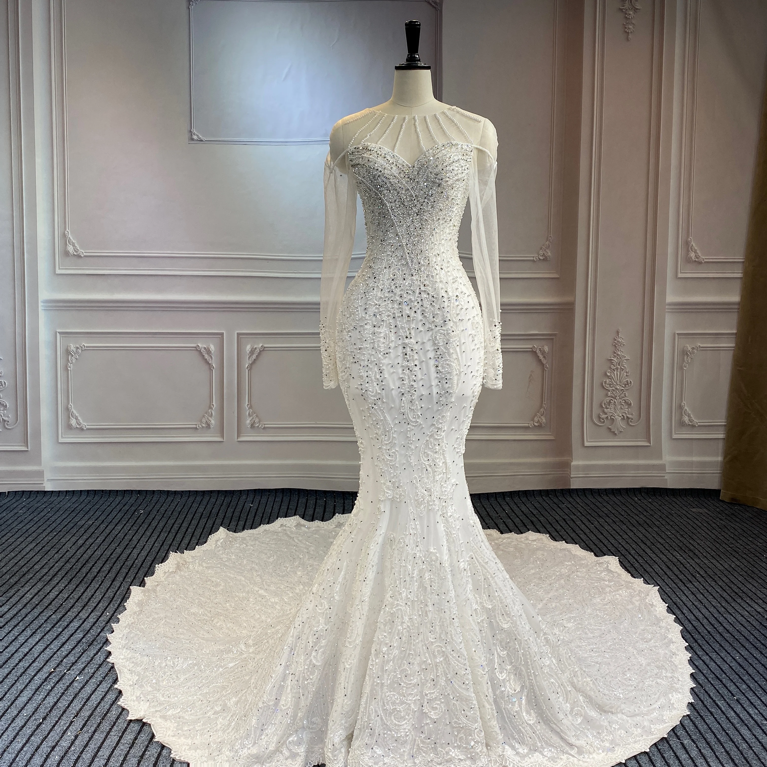 

Marnham 2022 Mermaid Ivory Wedding Dress Bridal Gown Long Sleeves Woman Full Pearls Sexy Bead Chapel Train Sweetheart Vestido