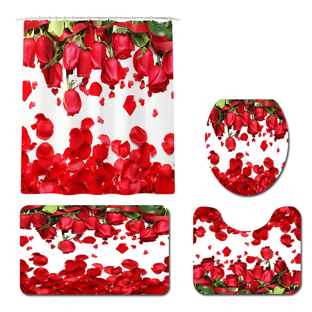 

3 PCS/Set Toilet Mat Rose Petals Printed Pattern Toilet Cover Foot Pad Non-slip Absorbent Bathroom Door Mat Bath Rug Carpet