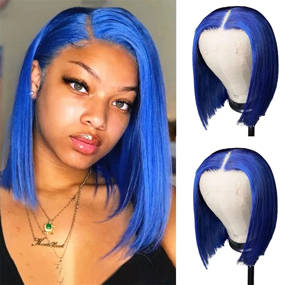 Blue Bob Wig Brazilian Human Hair Wigs Straight Bob Wig Blunt Cut Short Bob Wigs With Baby Hair 13x4 Lace Frontal Wig