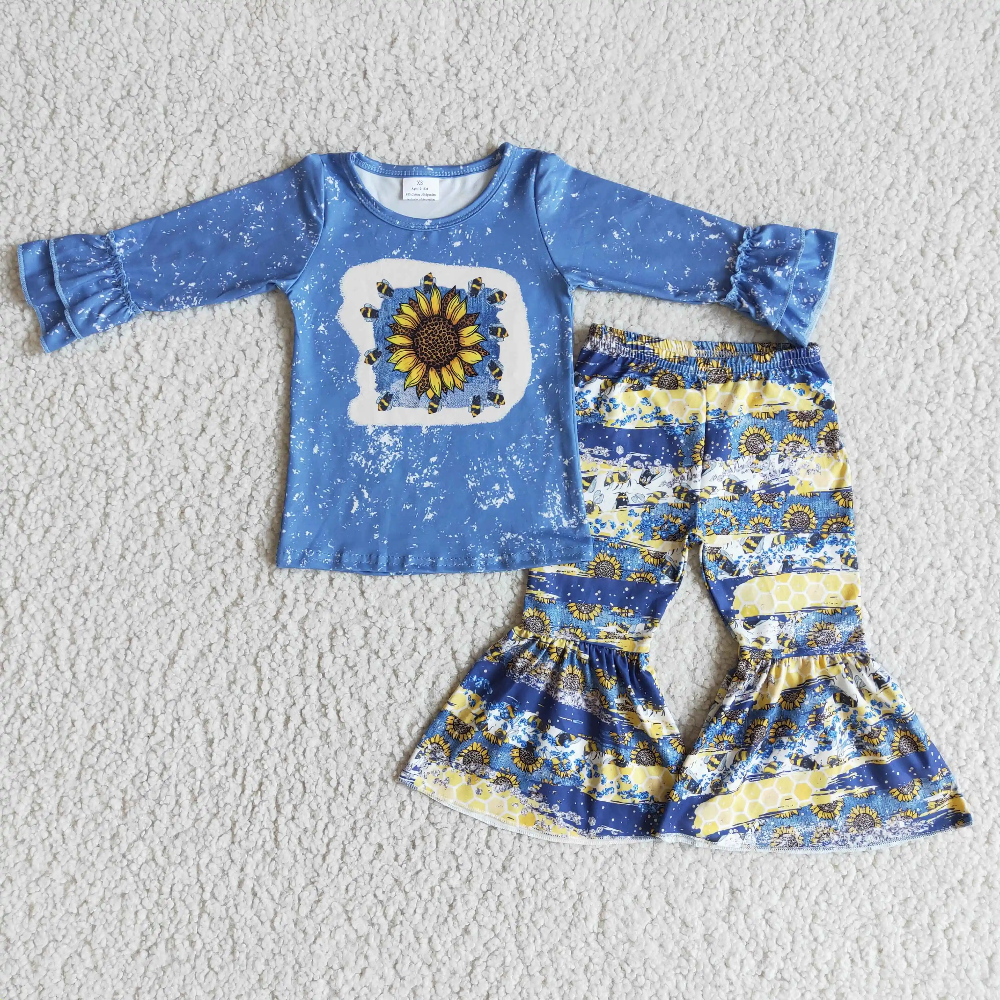 

Boutique girl kids clothing sets bee sunflower printing long sleeves shirt blue bell pants two piece new design kids clothes set