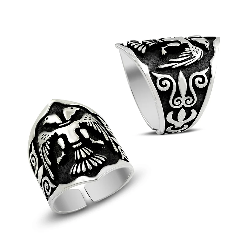 925 Silver Albenian Two Head Eagle Ethnic Rings for Men