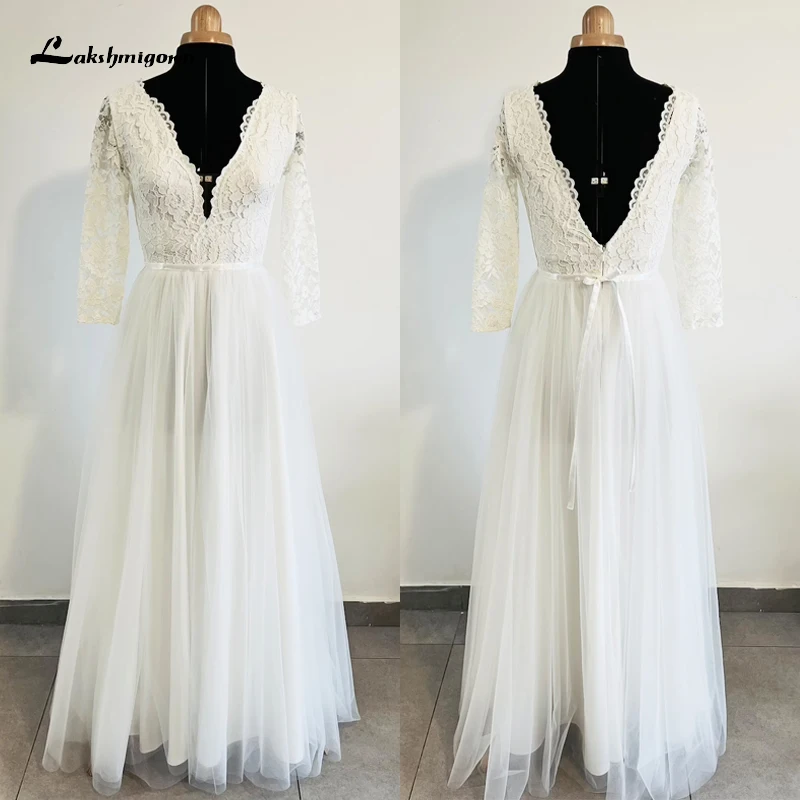 

Boho V-neck Open Back Lace Appliques Sashes Bow A-Line Wedding Dress 2022 Netting Bridal Gown Half Cap Sleeve Sweep Woman robe