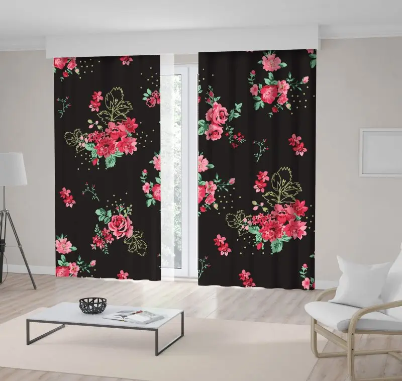 

Curtain of Classic Red Roses Bouquet Green Leaves Floral Pattern on Black Background Home Decoration Art
