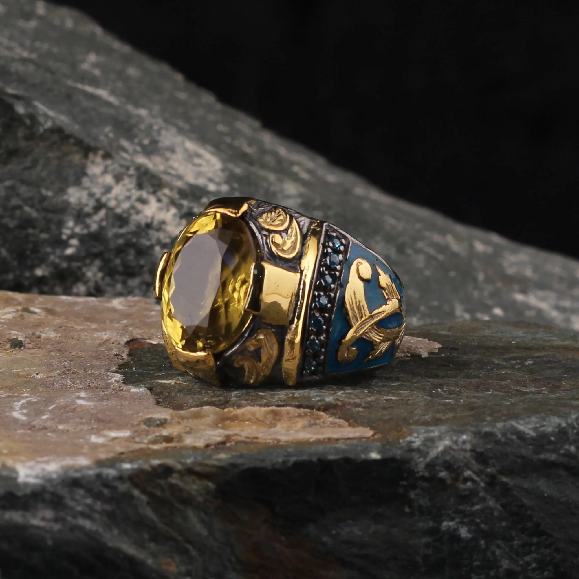 

Original 925 Sterling Silver Citrine Stone Turkish Signet Enamel Ring Mina Jewelry luxurious way for Women Men Gift All Size