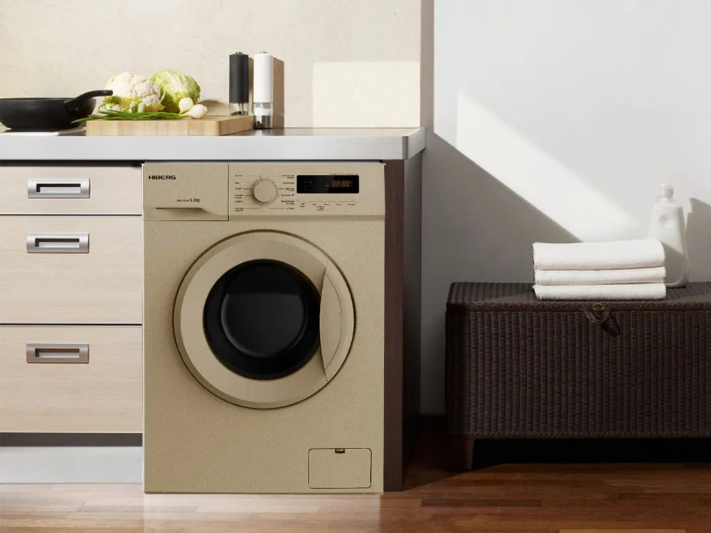 Стиральная машина HIBERG WM2-610 SG, золотистая, 12 программ стирки, 6 кг загрузки, 1000 об/мин при отжиме, 48 л воды на цикл, класс А+, дисплей