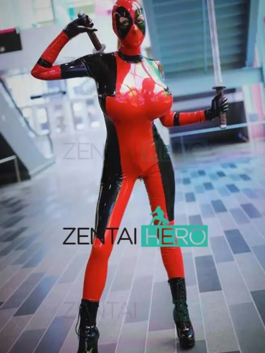 Sexy Lady Deadpool Hero Cosplay Costumes Black and Red PVC Bodysuit Girls Party Superhero Costumes Halloween Suit Open Eyes