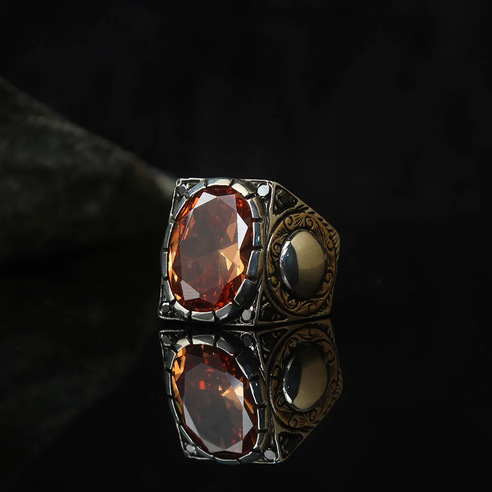 

Orange Zircone Traditional Turkish 925 Sterling Silver Special Craft Handmade Signet Ring Jewelry Gift From Turkey for Women Men