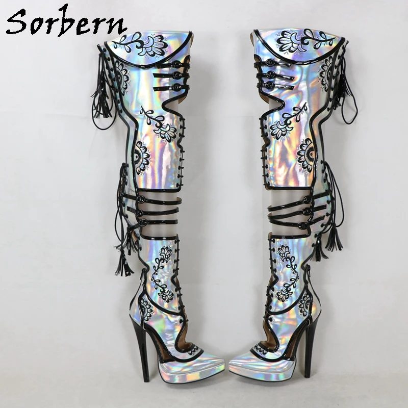 Sorbern Customized Mid Thigh Boots Women Pointed Toe Platform  High Heel Stilettos Leopard Shiny Hot Pink Fetish Shoes Lace Up