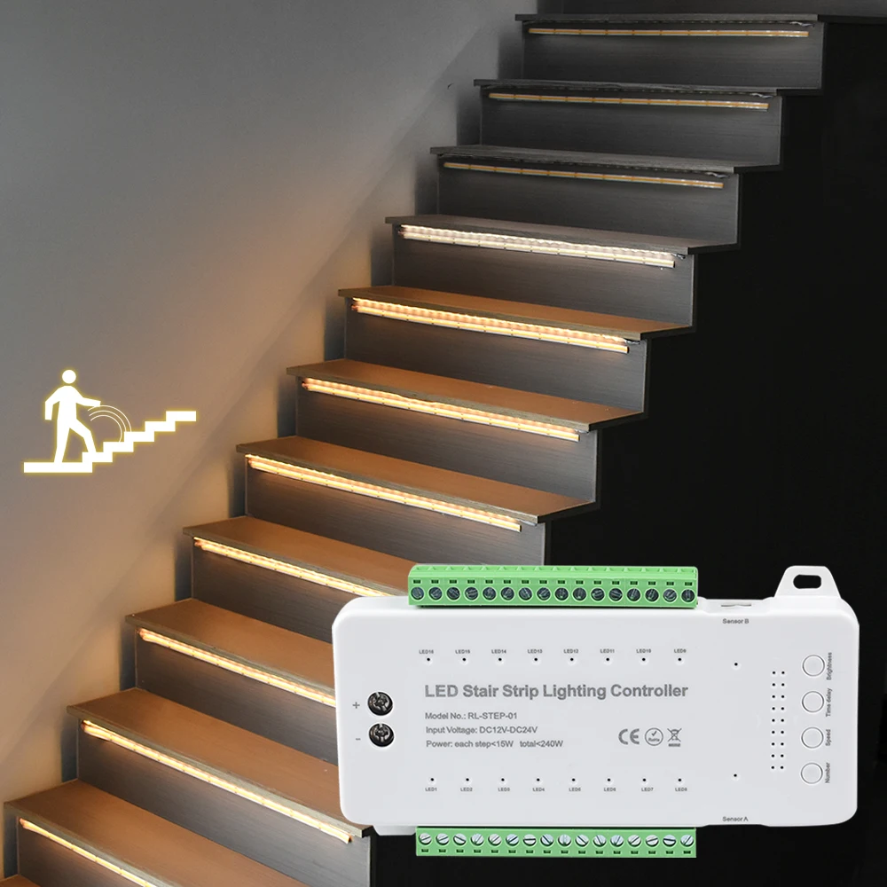 16 Channels DC12V 24V Dimming Light led strip Dual Motion Sensor controller for DIY Stair Lighting