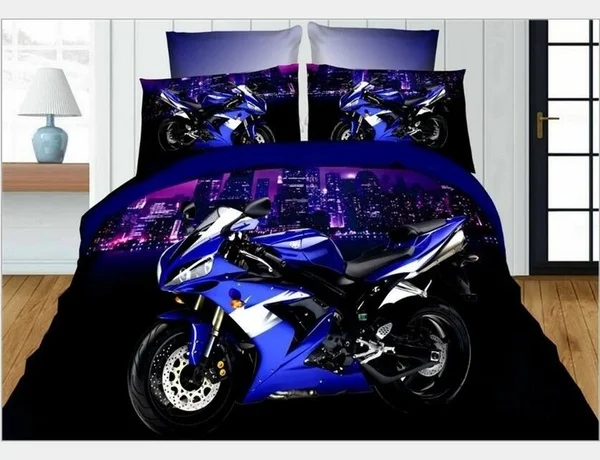 Набор постельного белья на мотоцикле из 4 предметов из полиэстера 3D: наматрасник размера "Queen" с принтом, простынь 1 шт., наволочки 2 шт.