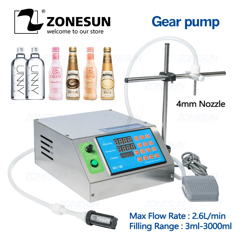 

ZONESUN Gear Pump Bottle Water Filler Semi-automatic Liquid Vial Desk-top Filling Machine for Juice Beverage Oil Perfume