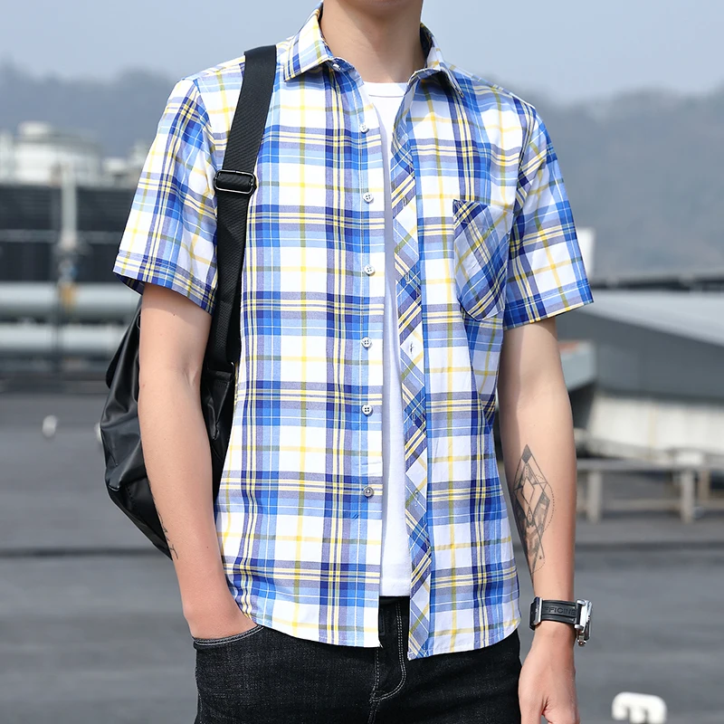 2022 New Cotton Shirts for Men Short Sleeve Summer Plus Size Plaid Shirt Male Shirt Business Casual White New Regular Fit