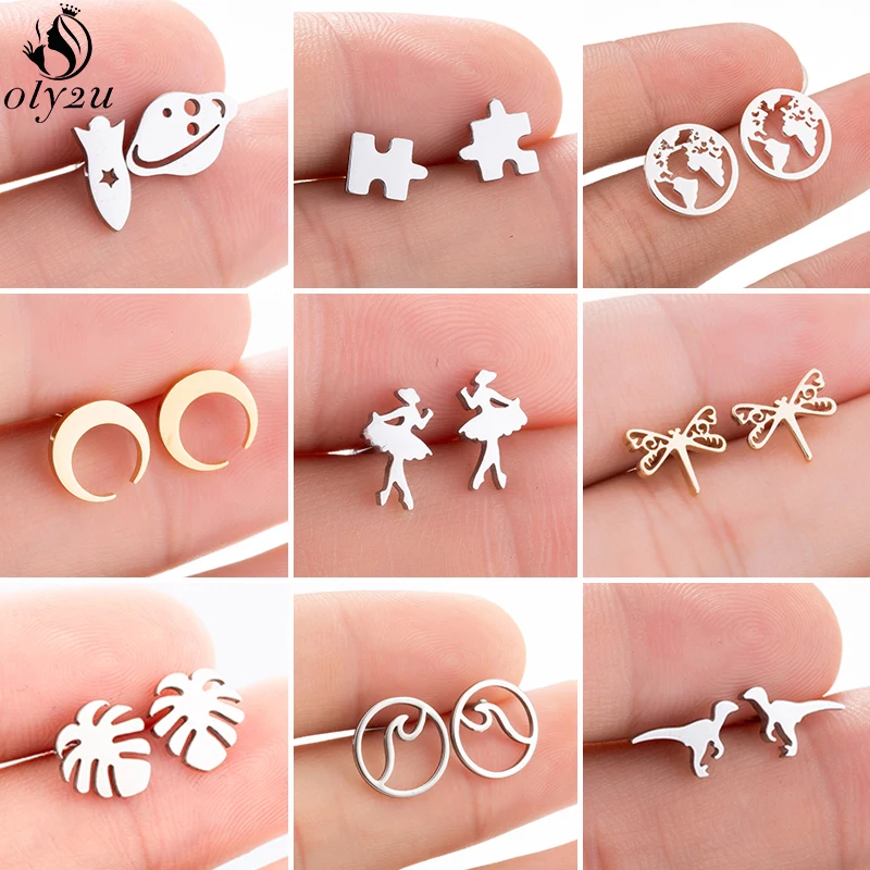 

Korean Stainless Steel Earrings for Women Kids Cartilage Jewelry Cute Leaf Ballet Wave Stud Earring World Map Earing pendientes