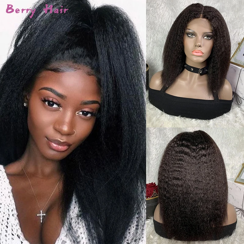 

Kinky Straight Wig 4x4 Lace Closure Middle Part Pre Plucked Remy Brazilian 100% Human Hair Yaki Straight 150% With Baby Hair