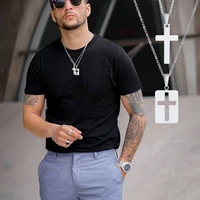 men necklaces cross cut out pendant stainless steel small dog tag necklace christ religion jewelry
