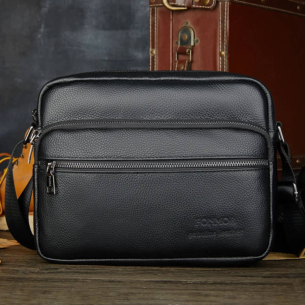 

New Men's Real Cow Genuine Leather Men Messenger Bag Brand Casual Small Men's Cross-body Bags Business Double Zipper Bags Male