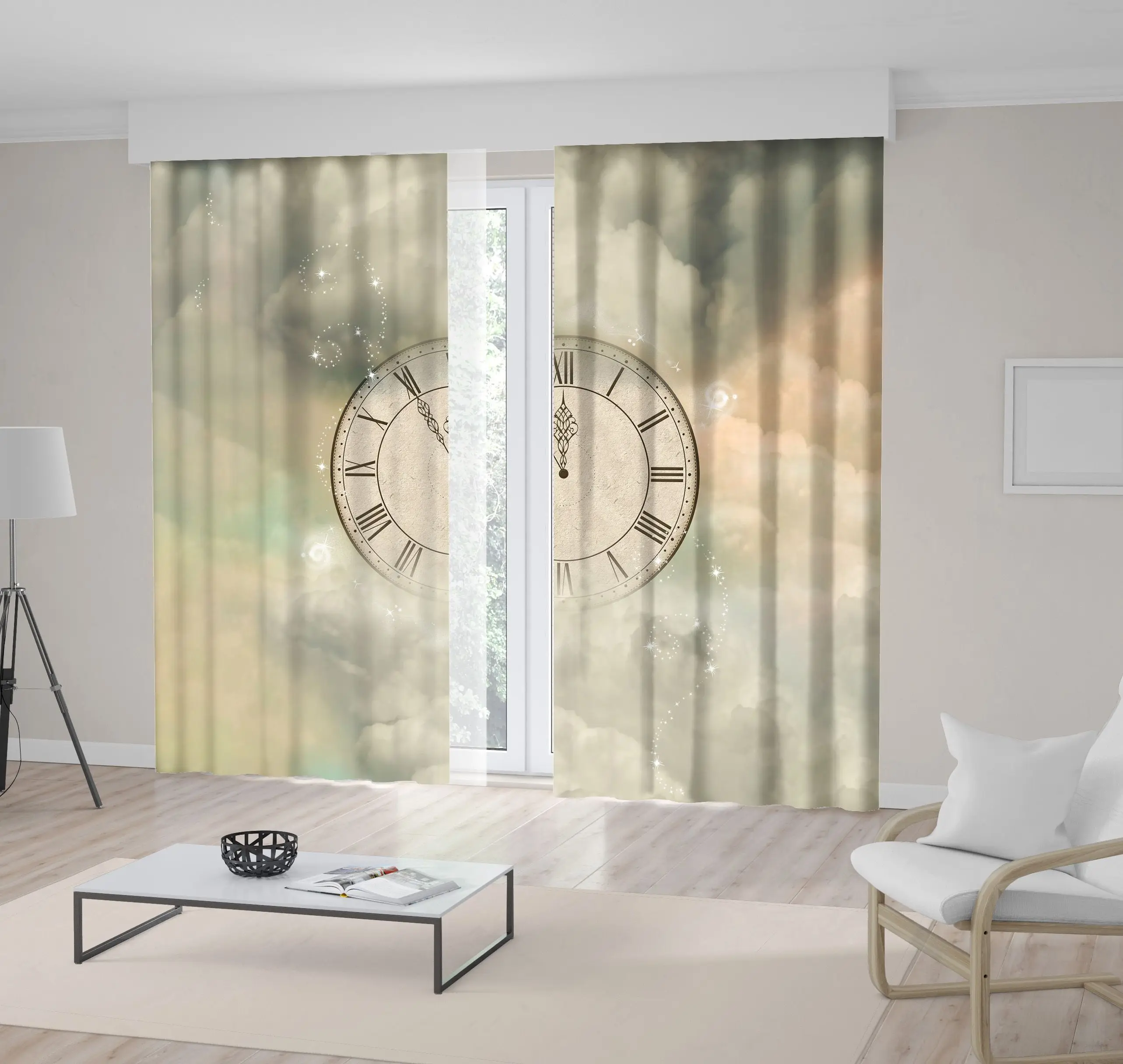 

Curtain Vintage Clock with Roman Numbers on Sky Beautiful Clouds as Background Midnight New Year Celebration Art Beige Gray