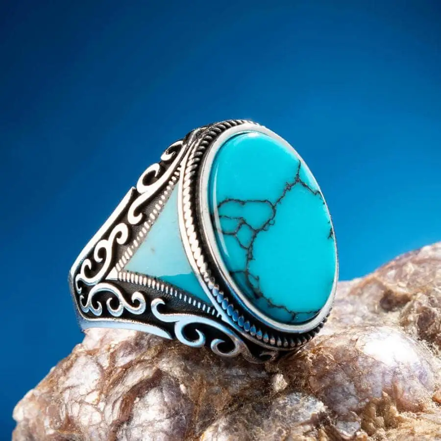 

Oval Shaped Sterling Silver Mens Ring with Turquoise Chalchuite Stone Fashion Turkish Premium Quality Handmade Jawelery