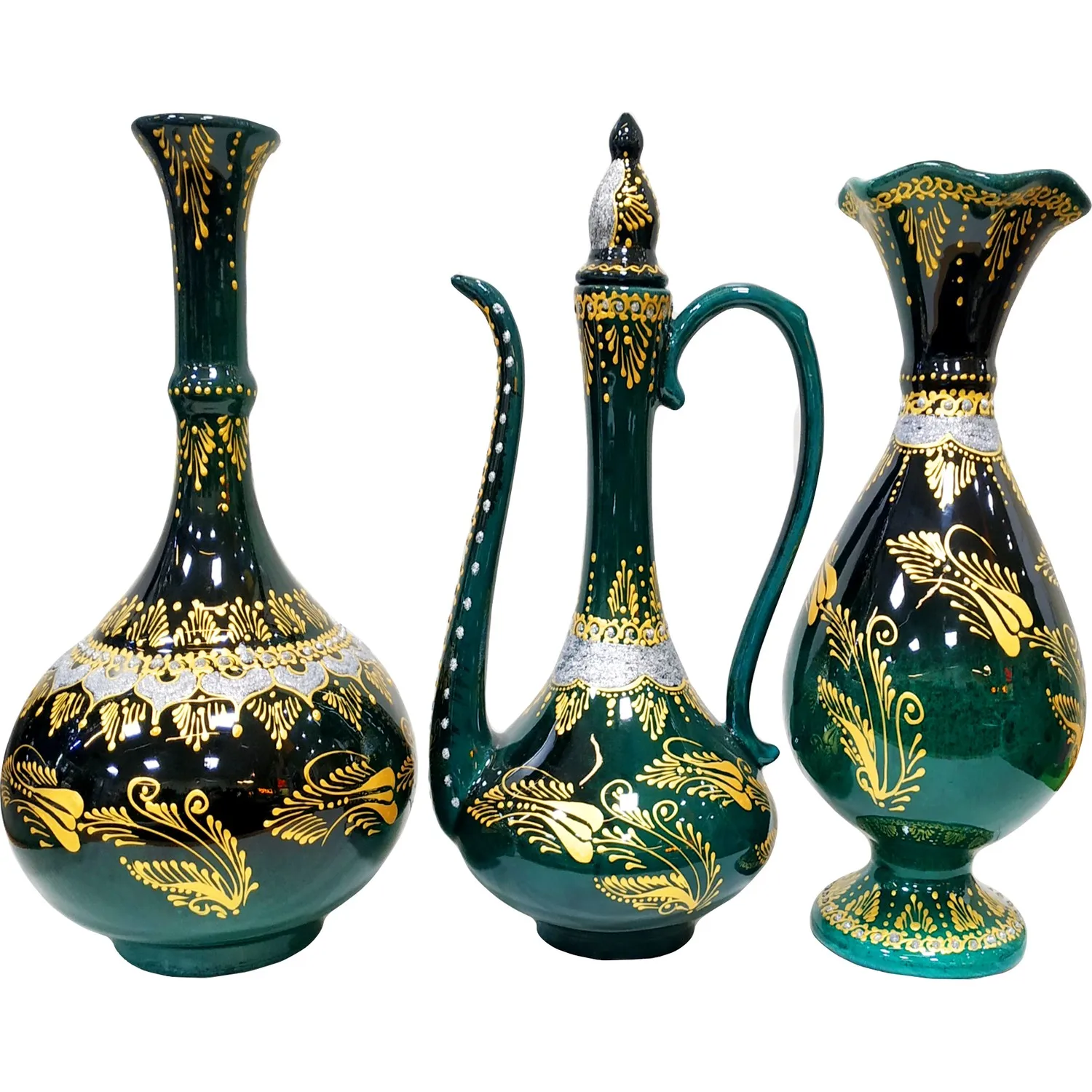 

Tile Art Handmade 3 Piece Tile Console Set-2 Vase 1 Ibrik Emerald Green Black Tone Gold Silver Color Gilded Arabic Traditional