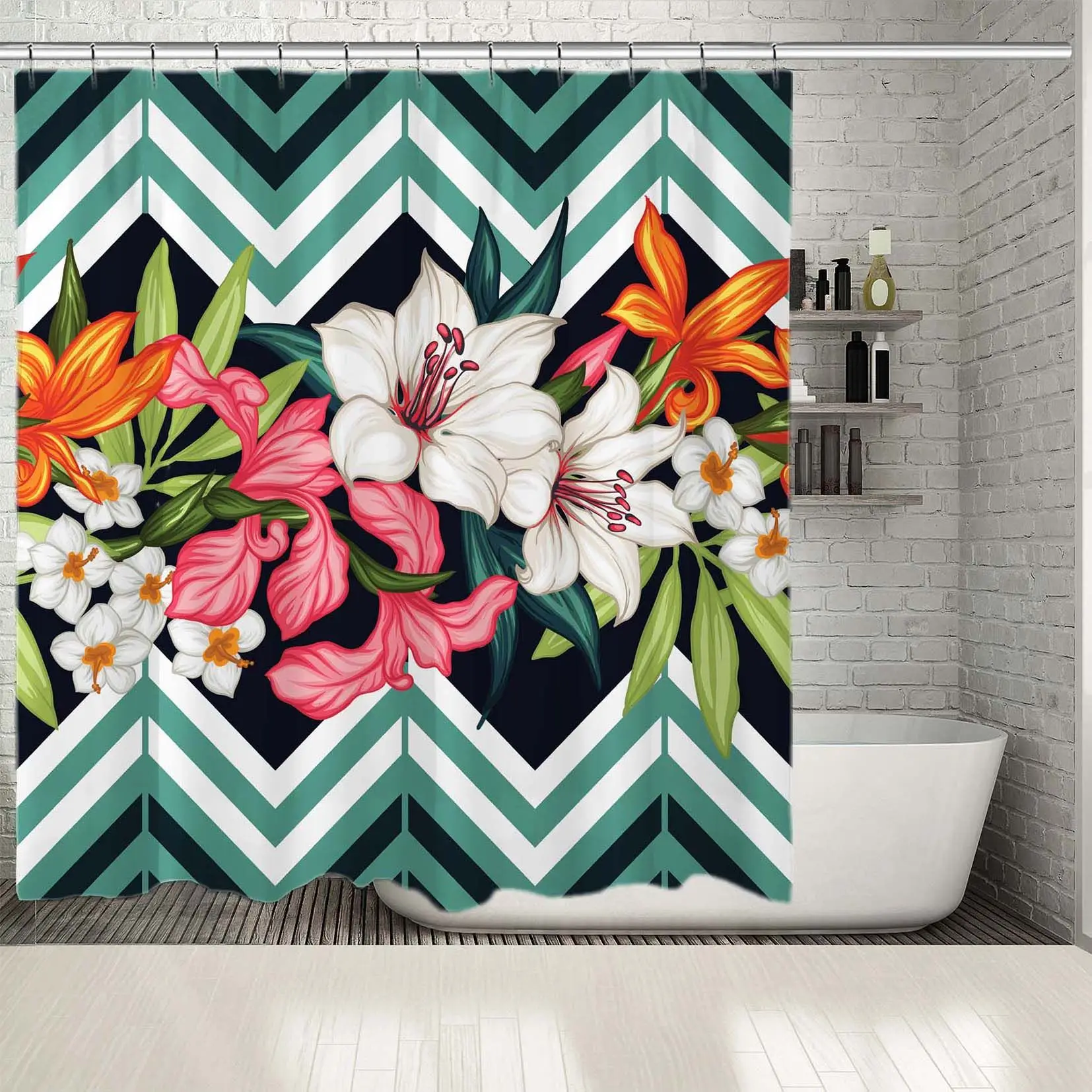 Занавеска для душа тропические цветы лилии листья ветви и зигзаг принт с