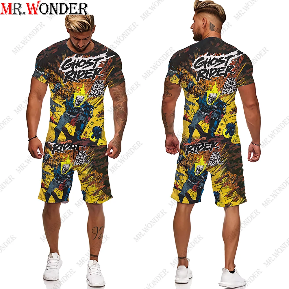 

Мужской тренировочный костюм Mr.Wonder, футболка с 3D-принтом черепа и зла, спортивная одежда, футболки с коротким рукавом, уличные комплекты