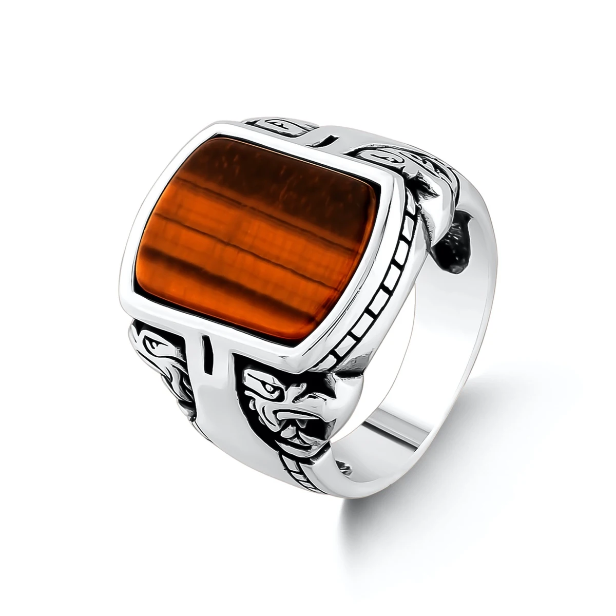 Double Eagle Model Oval Brown Tiger Eye Gemstone Silver Men Ring High Quality Fashionable 925 Sterling Silver