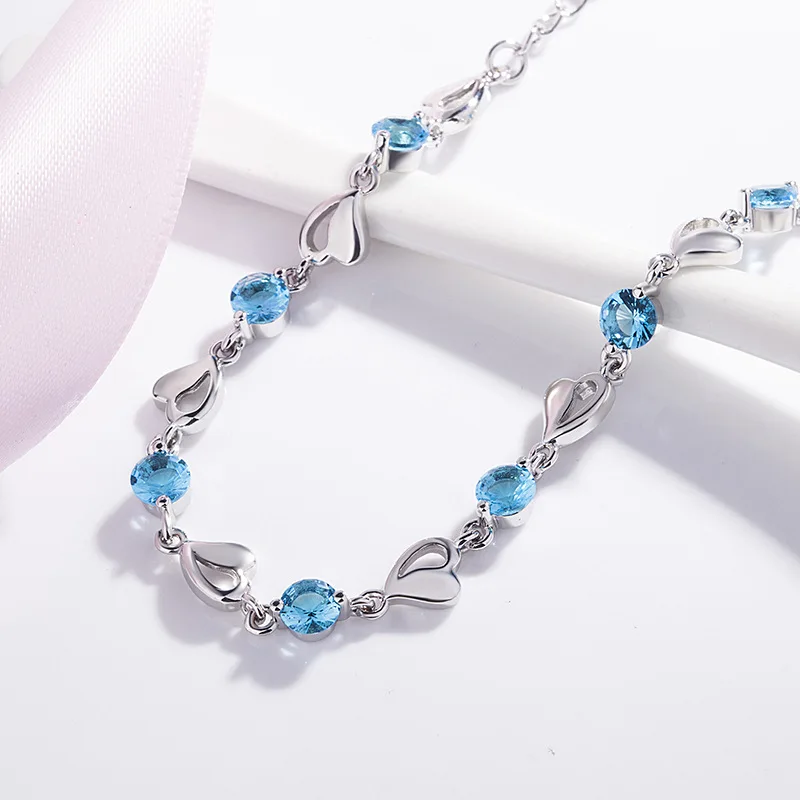 

Blue Crystal Heart Bracelets For Women Simple Multicolor Zircon Bracelet Femme Forest Art Jewelry Valentines Gift