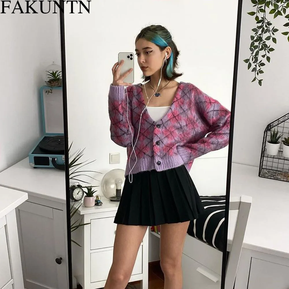 

Женские вязаные свитера, кардиган, новинка сезона осень-зима 2020, клетчатый Повседневный Свободный Вязаный Кардиган с длинным рукавом, корот...