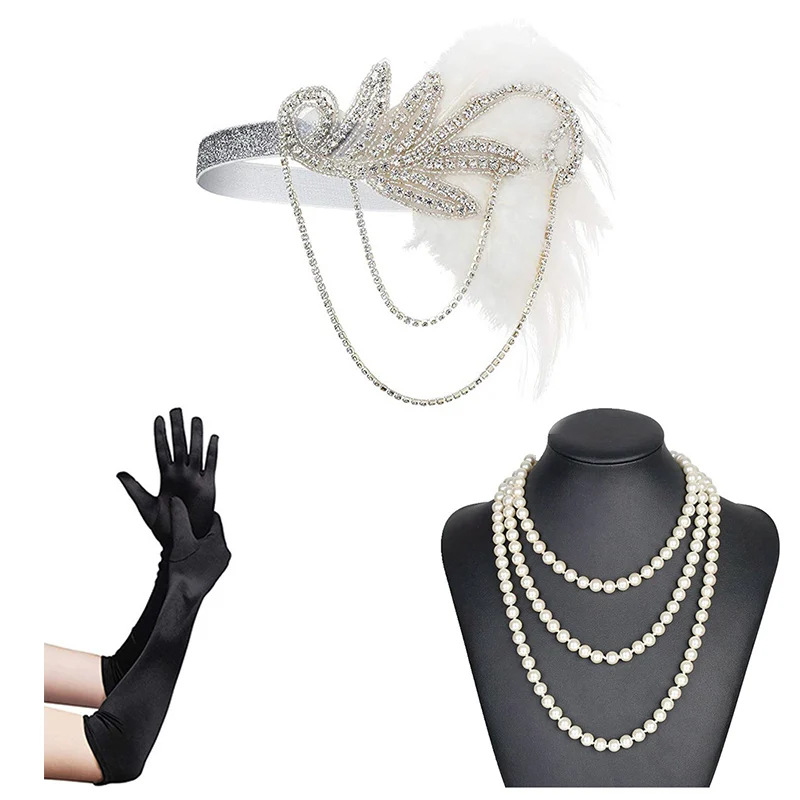 white set 20s головной убор винтаж 1920s головная повязка хлопушка грейт гэтсби(шампань - Цвет: white set