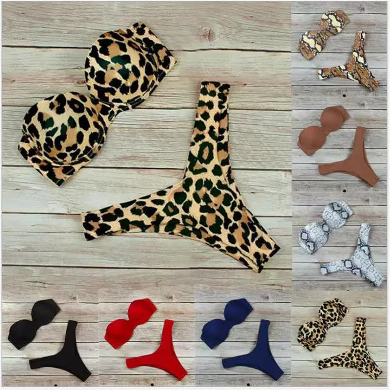 Женский раздельный купальник бикини с заниженной талией и принтом под змеиную