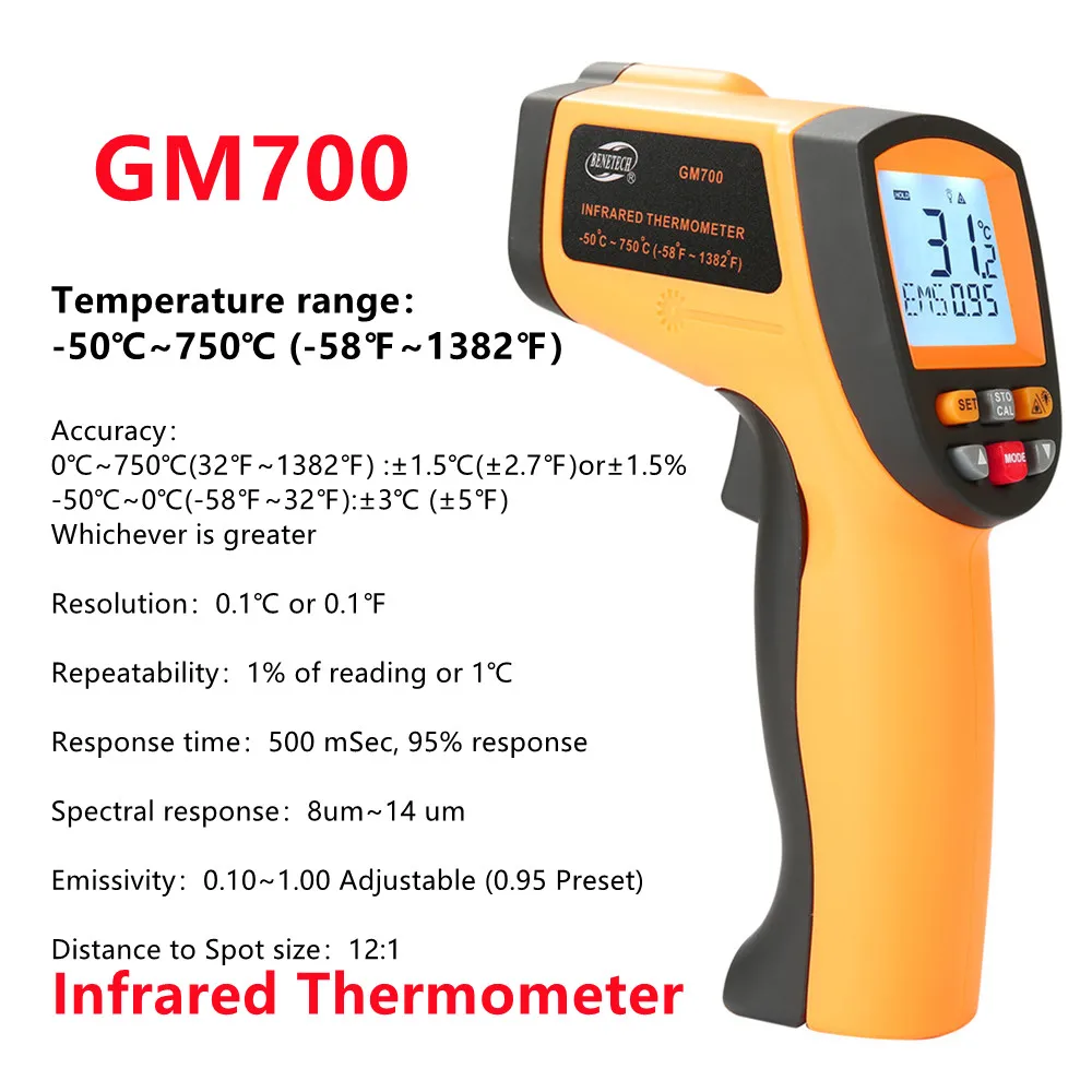 

5PCS BENETECH Digital Infrared Thermometer Non-Contact GM700 Industrial Temperature Meter Laser Pyrometer IR Thermometer Gun