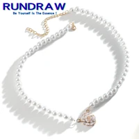 rundraw fashion gold color women white camellia pearl necklace titanium steel chain party gifts necklace