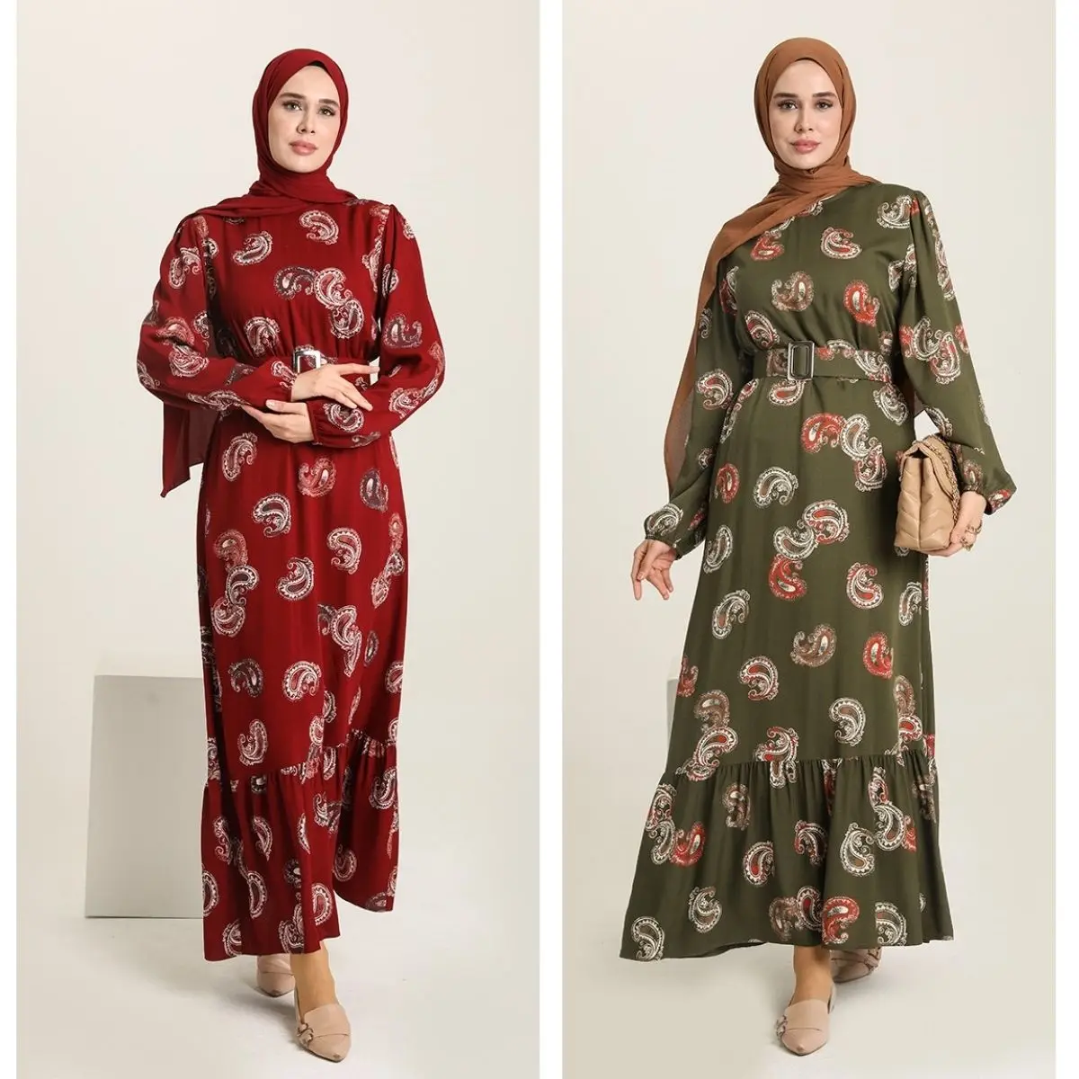 

Ramadan Patterned Belted Viscose Dress O-Neck Long Sleeve Zippered Seasonal Muslim Fashion Women Hijab Clothing Islamic Turkey