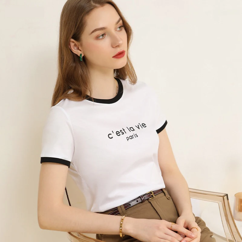 

Summer New T-shirts O-Neck Cotton Printed Character Short-sleeved Tops Loose Casual Contrasting Colors All-match T-shirt Women