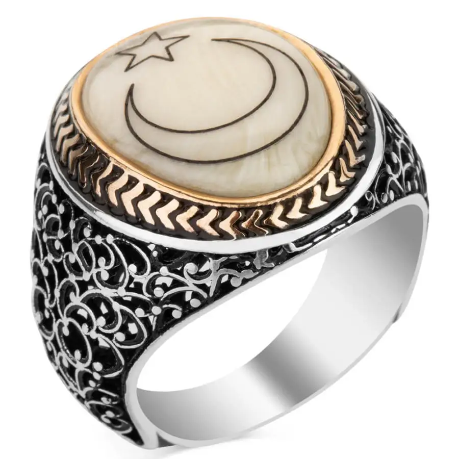 

Серебряное мужское кольцо с перламутровым полумесяцем, инкрустация звездой, модное турецкое высококачественное ручная работа Jawelery
