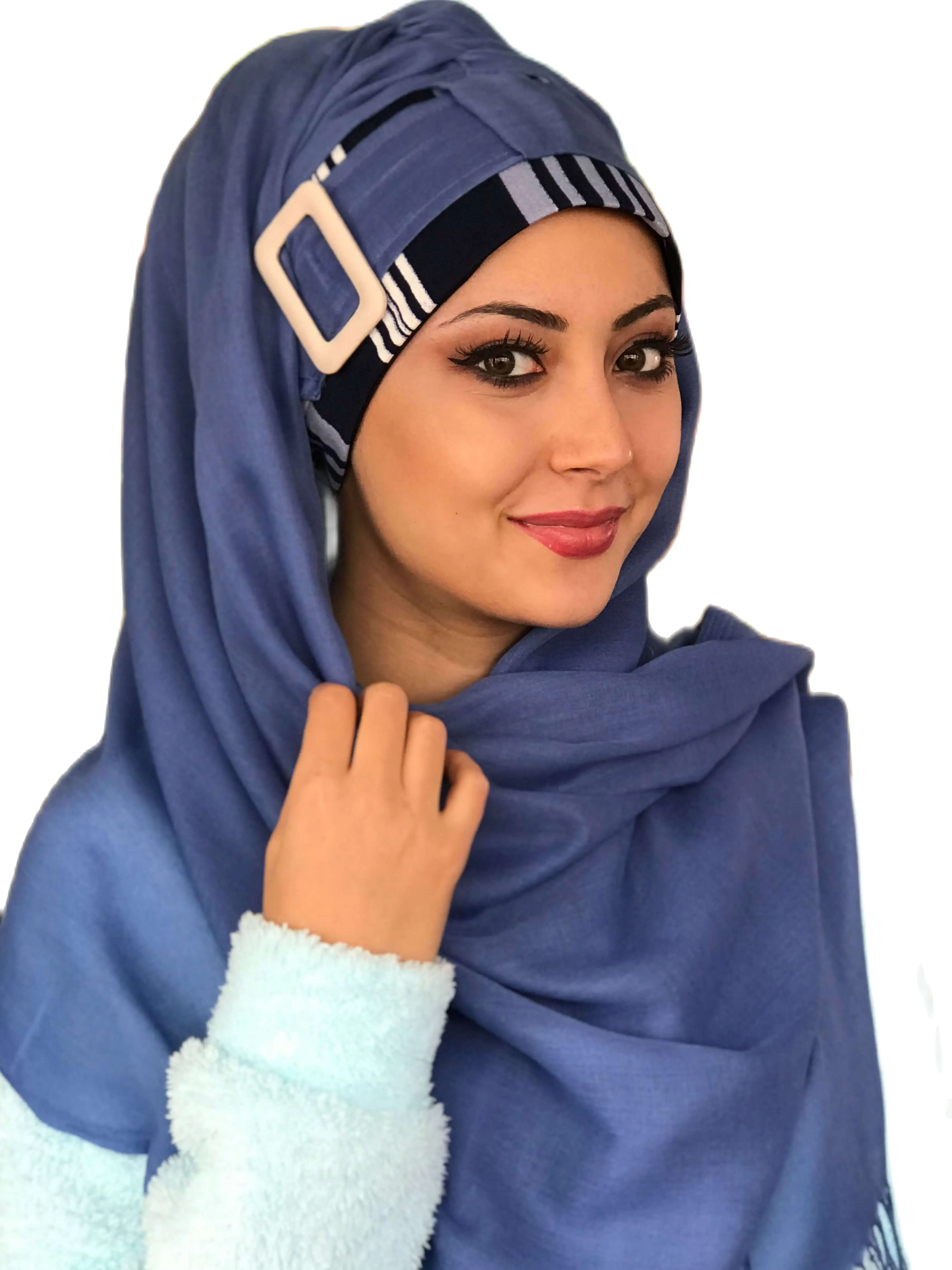 New Fashion Hijab Women 2021 Scarf Muslim Hijab Islamic Turban Hat Kerchief Blue Buckle Plaid Patterned Cotton Ready Made Shawl