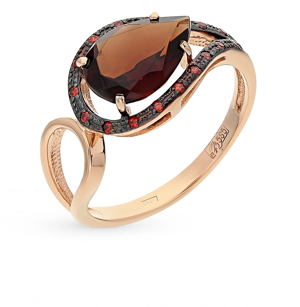 Золотое кольцо с фианитами и гранатом SUNLIGHT проба 585 | Украшения аксессуары