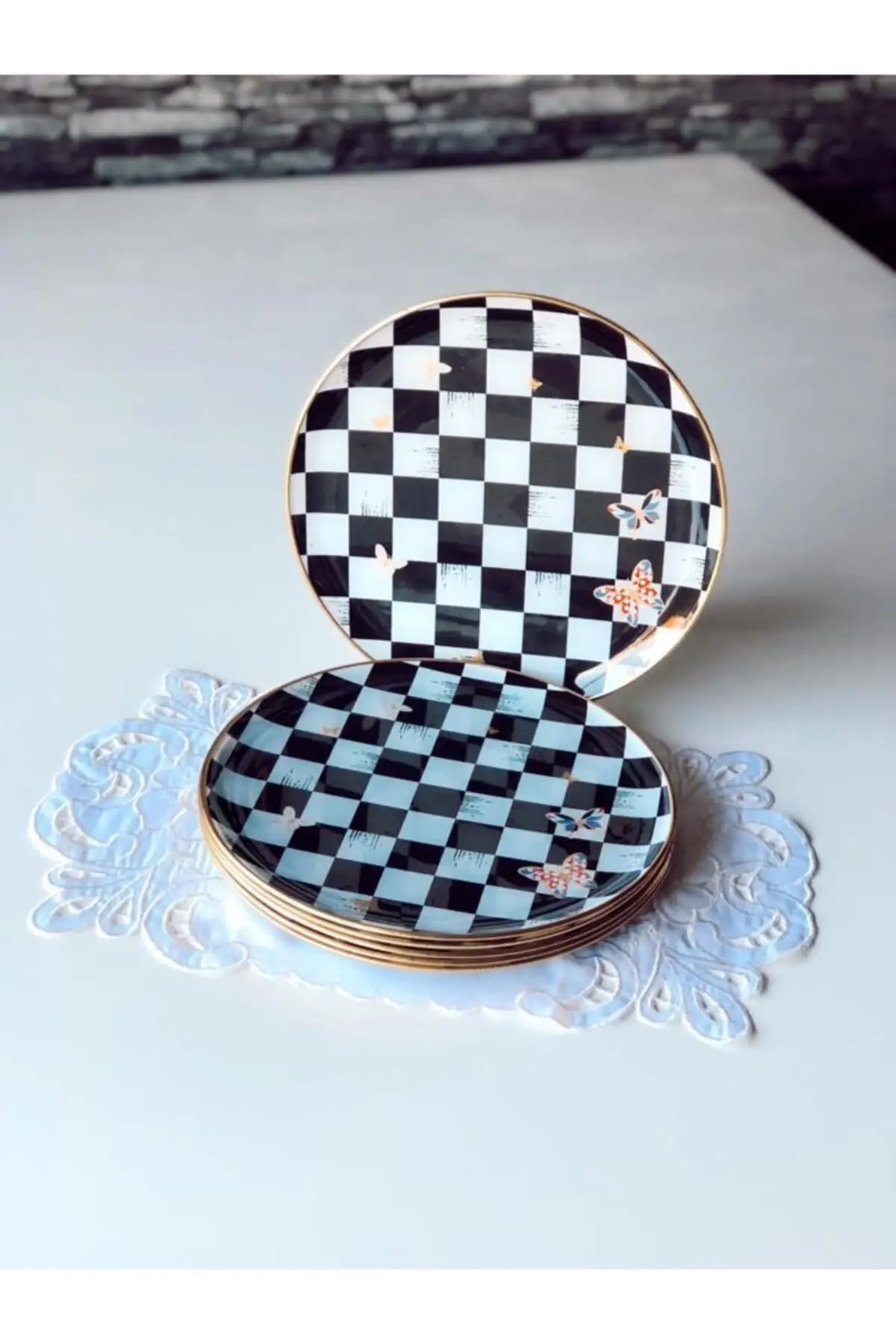 

6 pieces 10.25 inch square black and white checkers butterfly pattern porcelain serving ceramic dessert plates elegant tableware