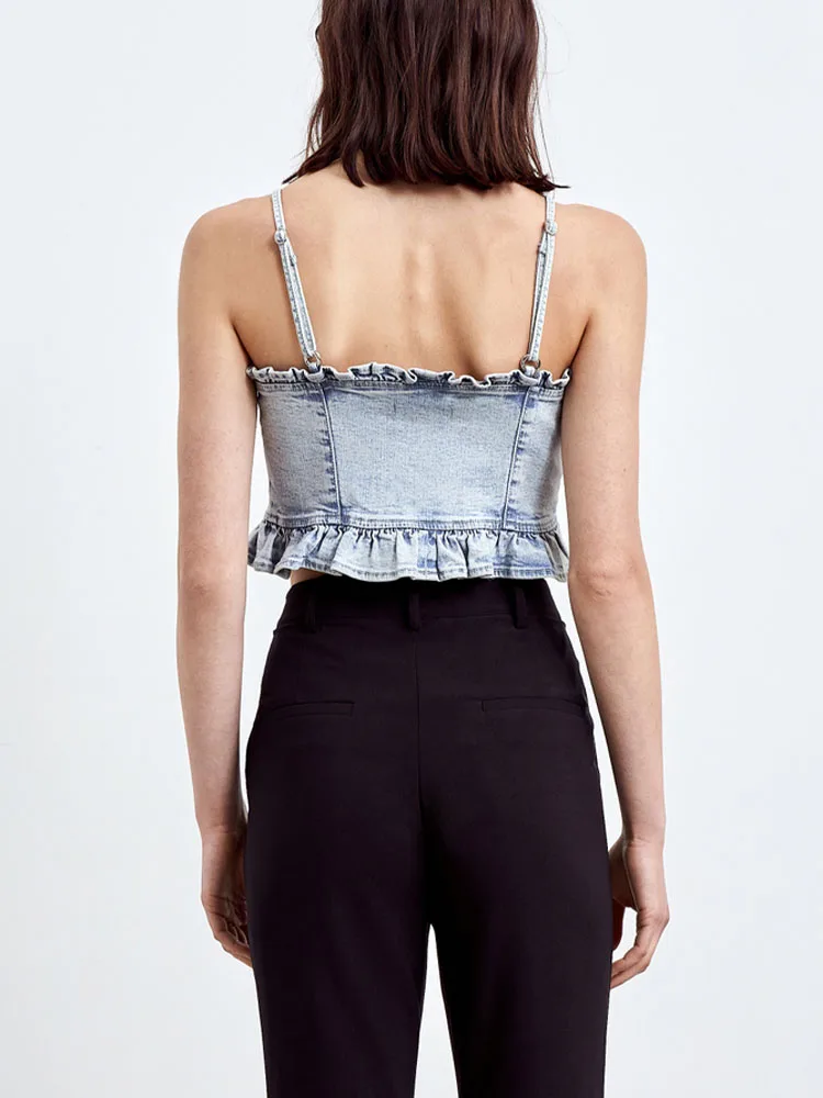 

2021 spring and summer new women's fashion camisole ruffle denim shirt