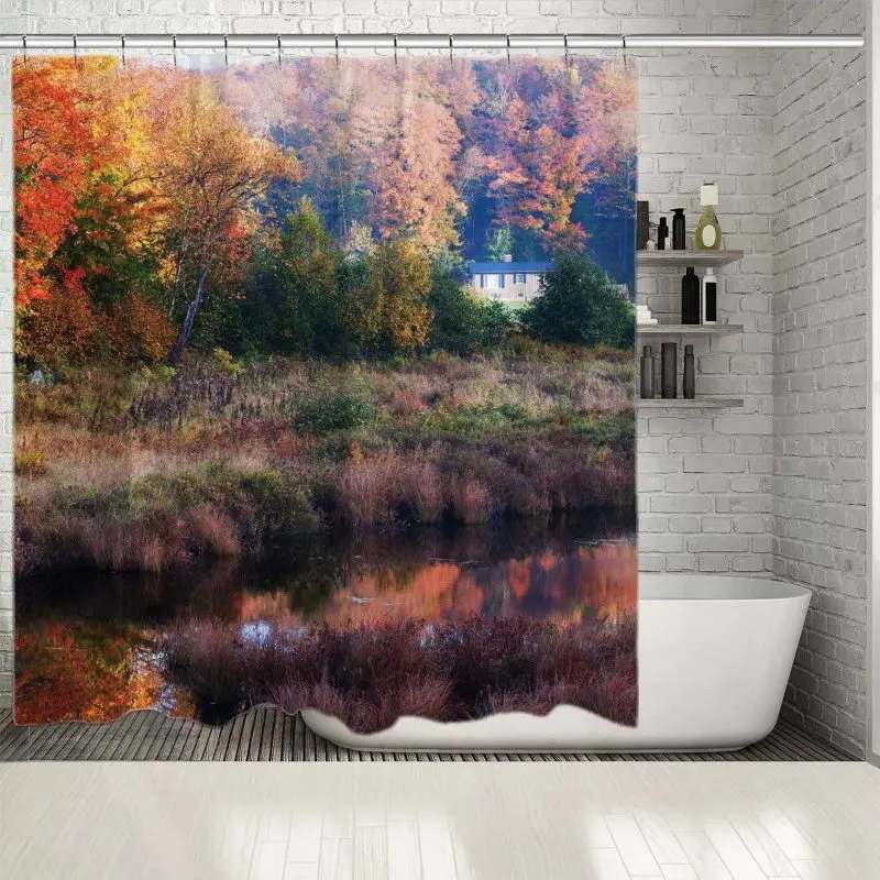 Занавеска для душа Осенняя листва Риверсайд деревья лес дом Сельский спокойный