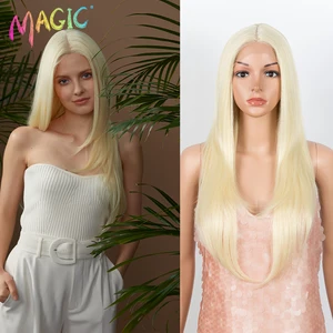 Волшебные волосы из высокотемпературного волокна для женщин, с эффектом деграде, темный блонд, ручная завязка, прямой тип, синтетические парики на сетке