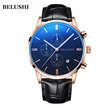 Belushi Multifunctional Waterproof New Men's Watch Real Leather Strap Three Eye Quartz-36779