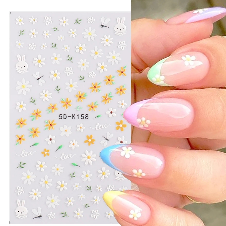 

5D наклейки для ногтей цветы маргаритки тисненые самоклеющиеся дизайн ногтей Белые желтые летние цветочные ползунки маникюрные аксессуары ...