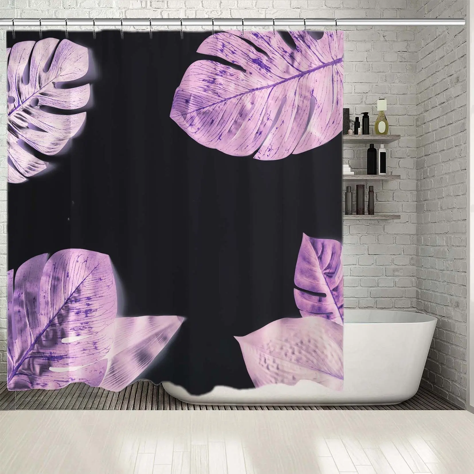 

Shower Curtain Tropical Leaves Exotic Nature Jungle Big Leaf Plants Decorative Photo Printed Black Purple