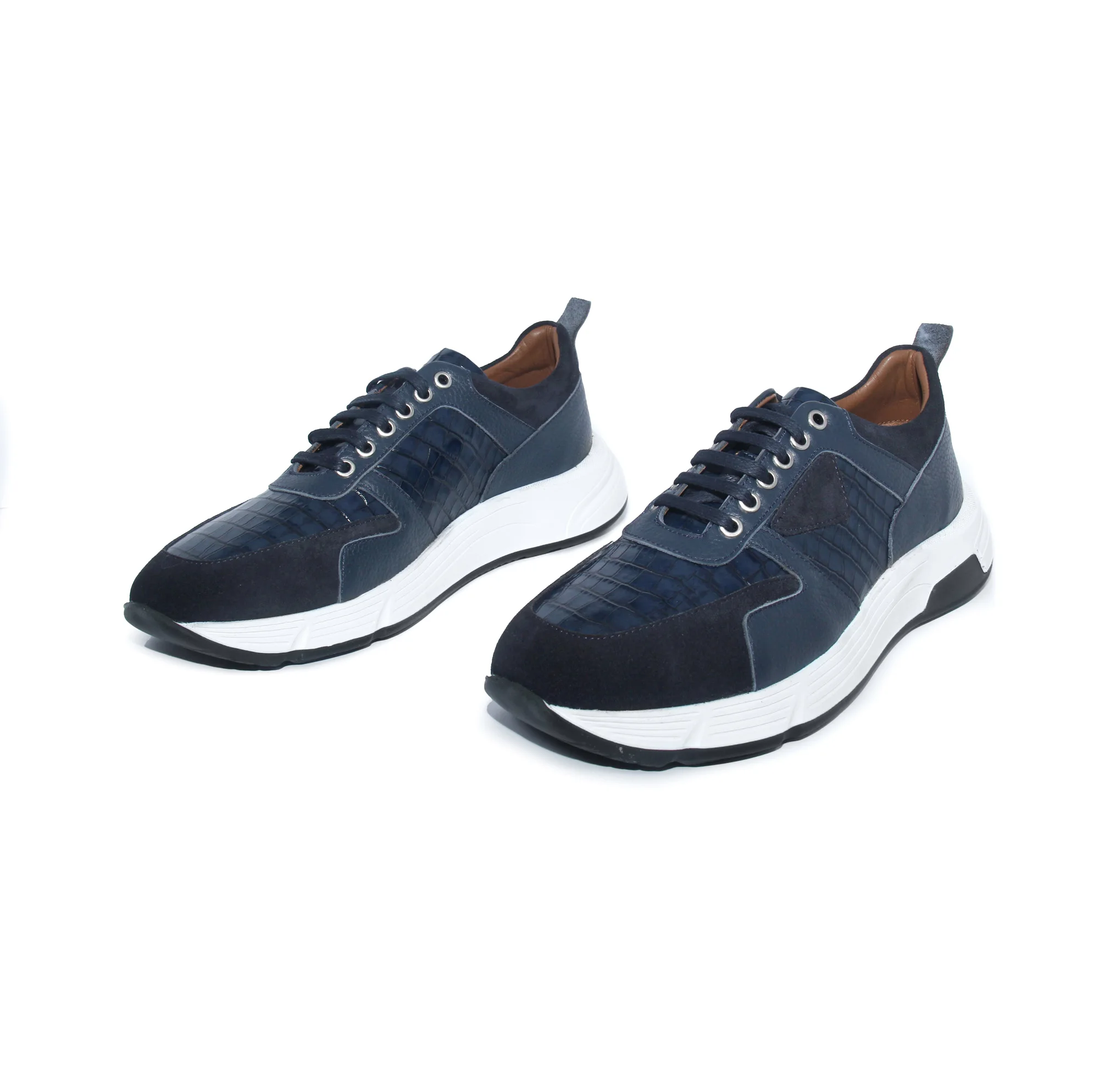 

Handmade Dark Blue Sport Sneakers Croco Alligator Patterned Calf Leather & Suede, Leather Insole, Men's Comfort Running Shoes