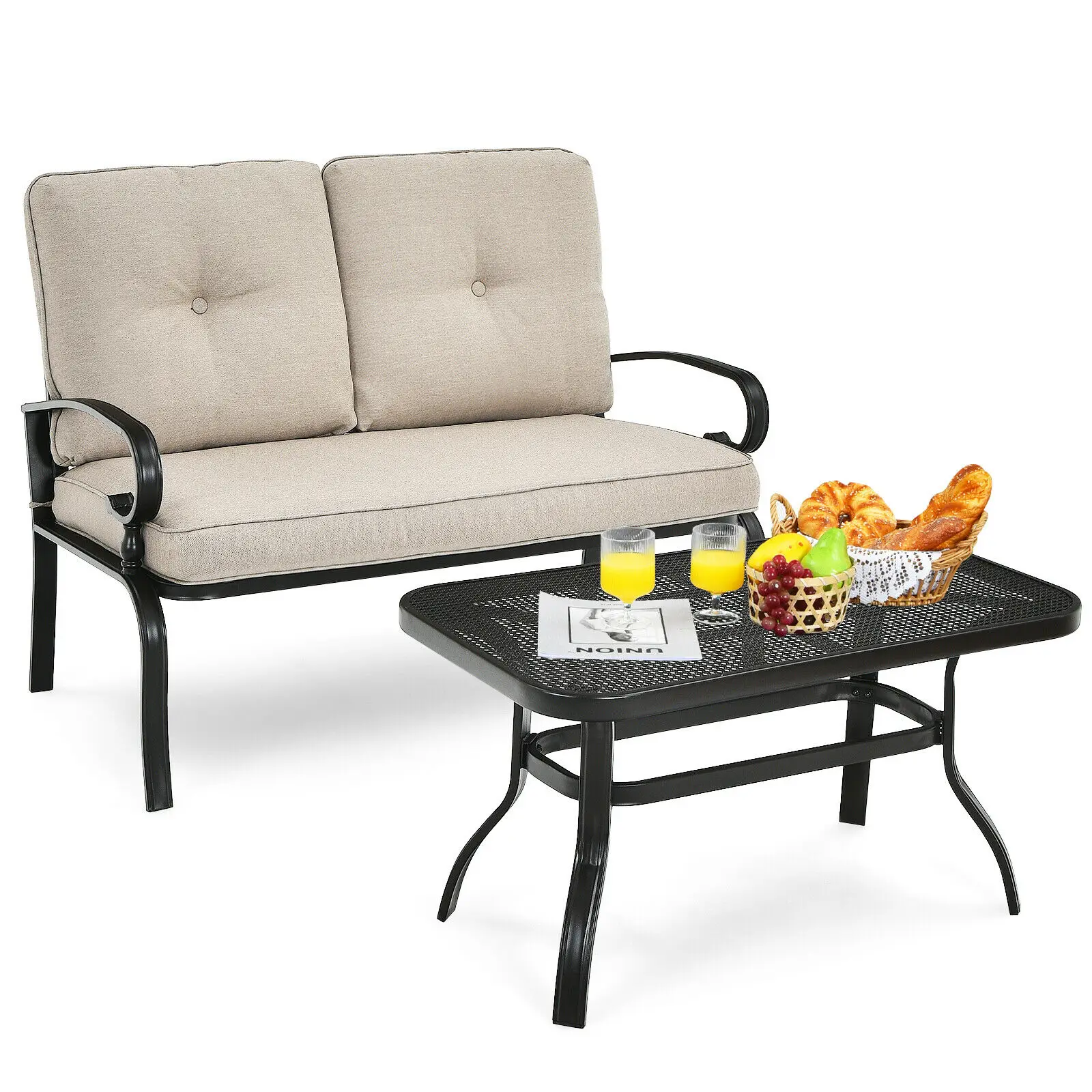 

Patiojoy 2PCS Patio Loveseat Bench Table Furniture Set Cushioned Chair Beige NP10179BE